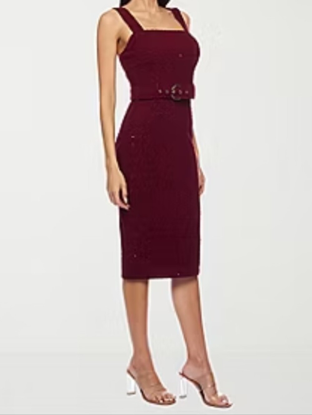Premier Amour Square Neck Sleeveless Belted Sequin Sheath Burgundy Midi Dress 16 - Picture 3 of 13